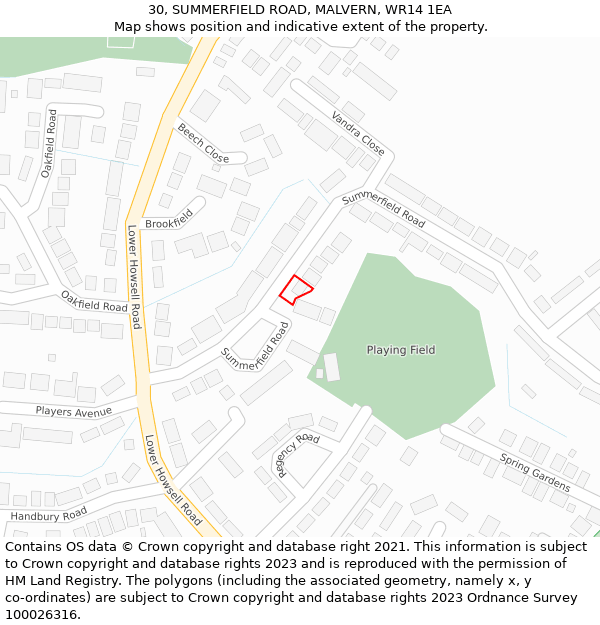 30, SUMMERFIELD ROAD, MALVERN, WR14 1EA: Location map and indicative extent of plot