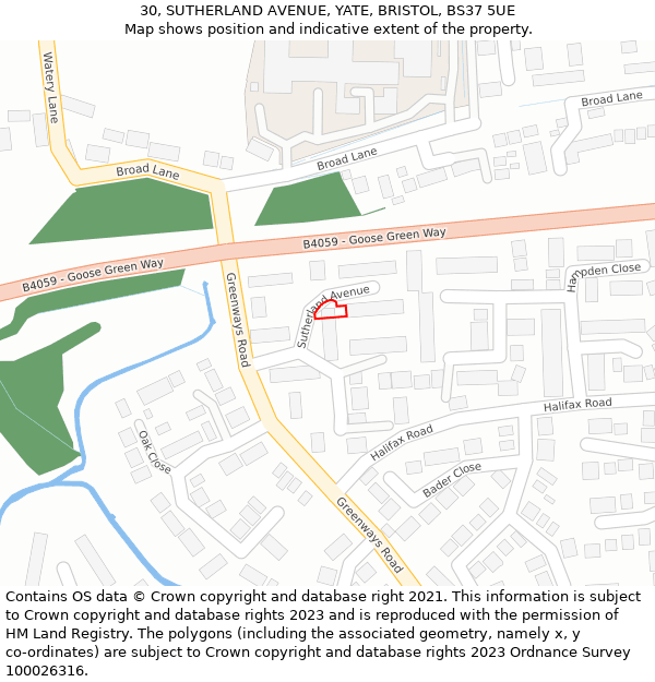 30, SUTHERLAND AVENUE, YATE, BRISTOL, BS37 5UE: Location map and indicative extent of plot