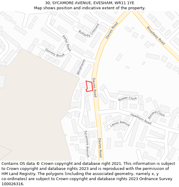 30, SYCAMORE AVENUE, EVESHAM, WR11 1YE: Location map and indicative extent of plot