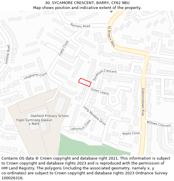 30, SYCAMORE CRESCENT, BARRY, CF62 9BU: Location map and indicative extent of plot