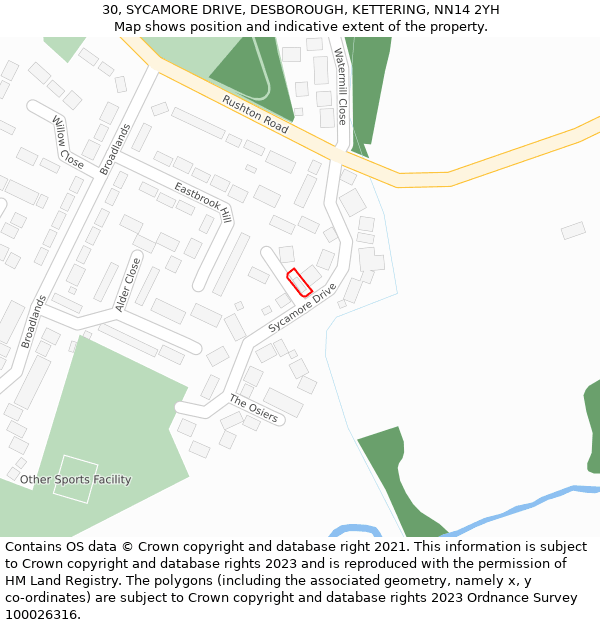 30, SYCAMORE DRIVE, DESBOROUGH, KETTERING, NN14 2YH: Location map and indicative extent of plot