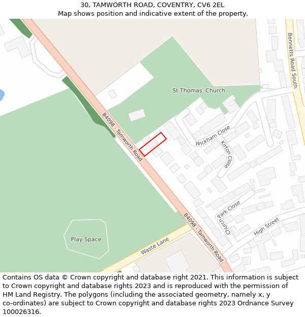 30, TAMWORTH ROAD, COVENTRY, CV6 2EL: Location map and indicative extent of plot