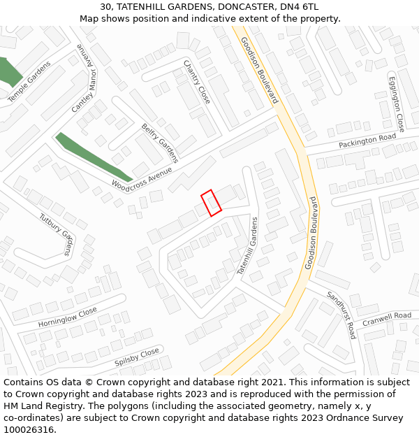 30, TATENHILL GARDENS, DONCASTER, DN4 6TL: Location map and indicative extent of plot