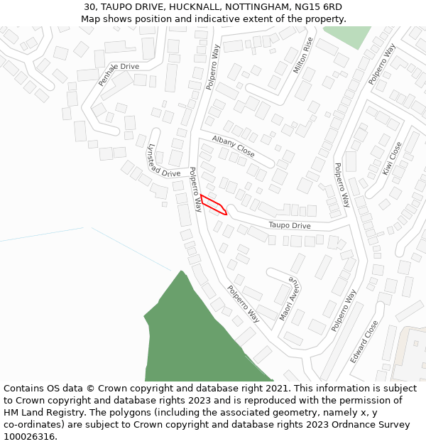 30, TAUPO DRIVE, HUCKNALL, NOTTINGHAM, NG15 6RD: Location map and indicative extent of plot