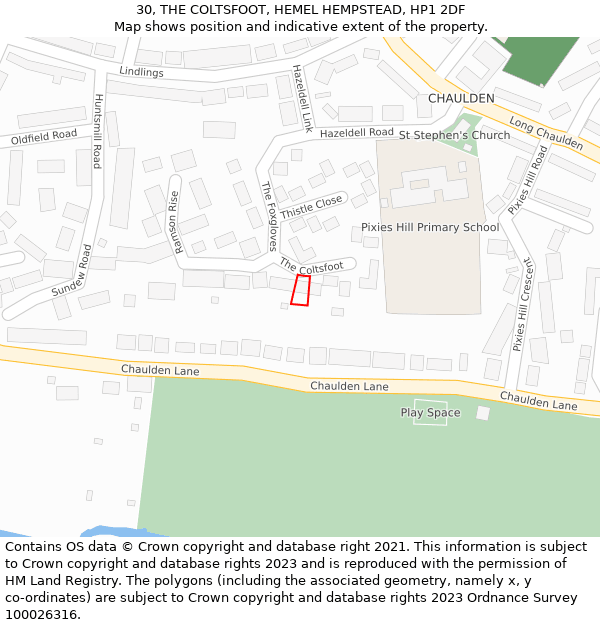 30, THE COLTSFOOT, HEMEL HEMPSTEAD, HP1 2DF: Location map and indicative extent of plot