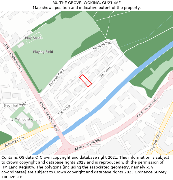 30, THE GROVE, WOKING, GU21 4AF: Location map and indicative extent of plot