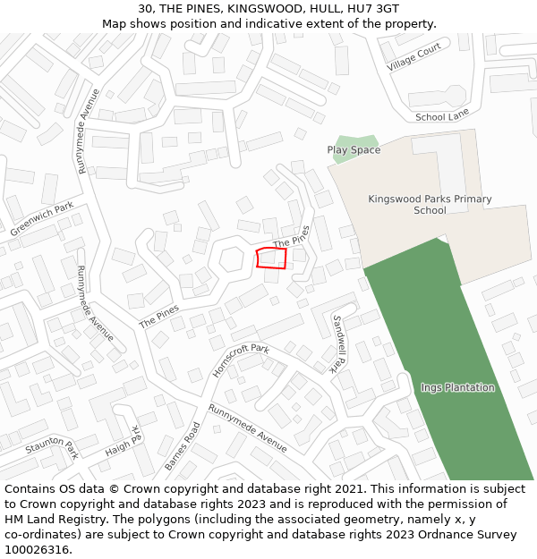 30, THE PINES, KINGSWOOD, HULL, HU7 3GT: Location map and indicative extent of plot