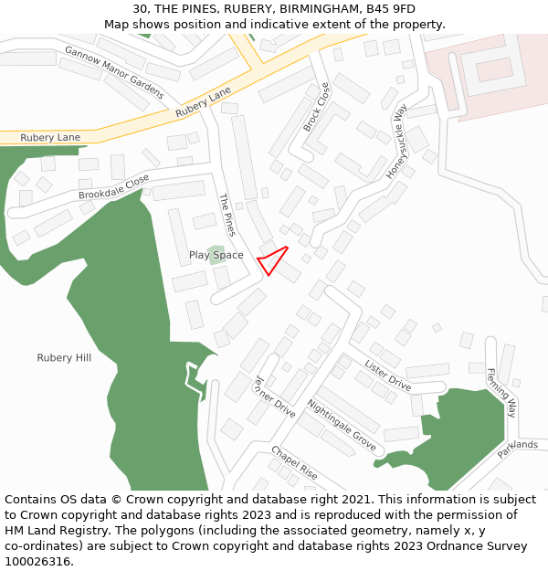 30, THE PINES, RUBERY, BIRMINGHAM, B45 9FD: Location map and indicative extent of plot