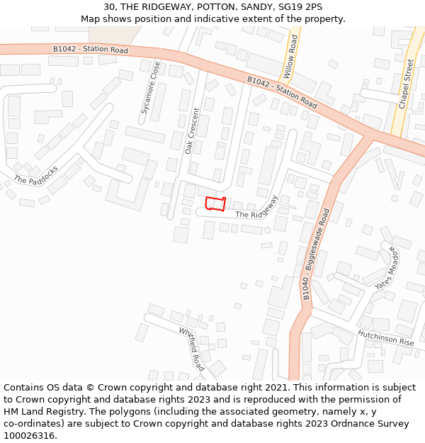 30, THE RIDGEWAY, POTTON, SANDY, SG19 2PS: Location map and indicative extent of plot