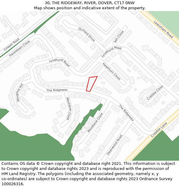 30, THE RIDGEWAY, RIVER, DOVER, CT17 0NW: Location map and indicative extent of plot