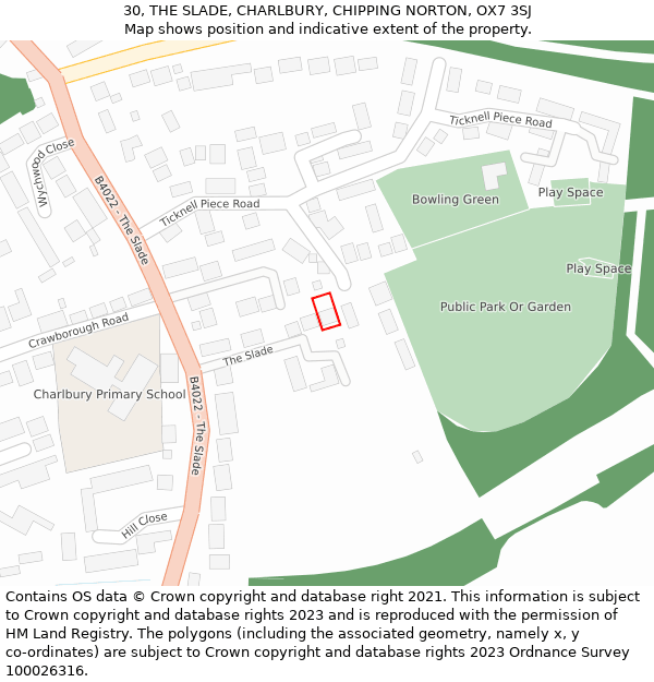 30, THE SLADE, CHARLBURY, CHIPPING NORTON, OX7 3SJ: Location map and indicative extent of plot