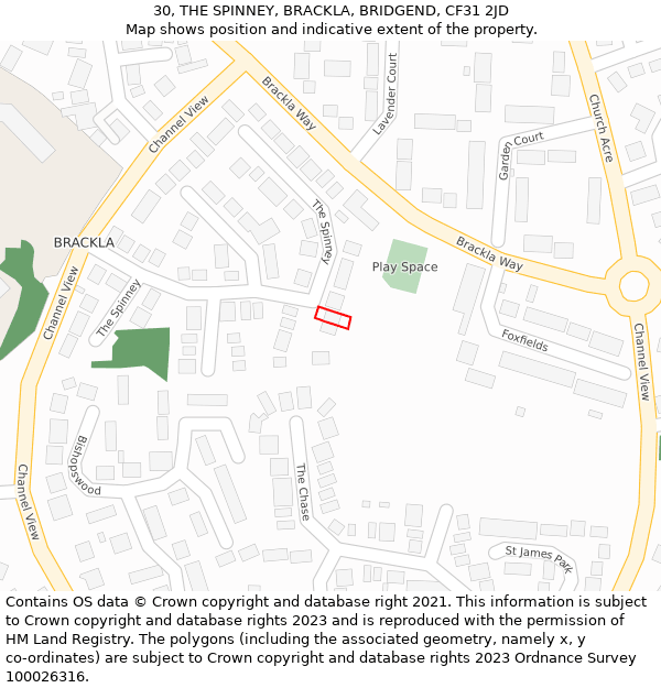 30, THE SPINNEY, BRACKLA, BRIDGEND, CF31 2JD: Location map and indicative extent of plot