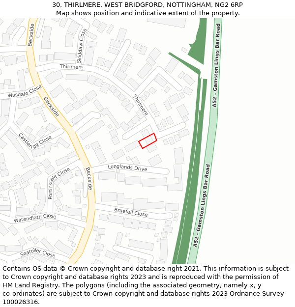 30, THIRLMERE, WEST BRIDGFORD, NOTTINGHAM, NG2 6RP: Location map and indicative extent of plot