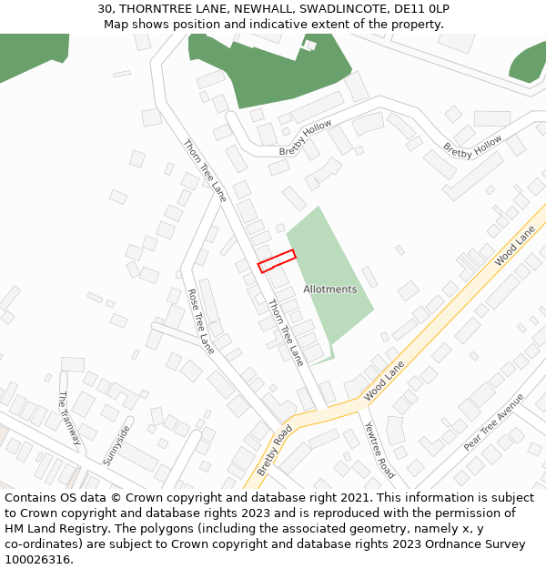 30, THORNTREE LANE, NEWHALL, SWADLINCOTE, DE11 0LP: Location map and indicative extent of plot