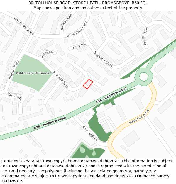 30, TOLLHOUSE ROAD, STOKE HEATH, BROMSGROVE, B60 3QL: Location map and indicative extent of plot