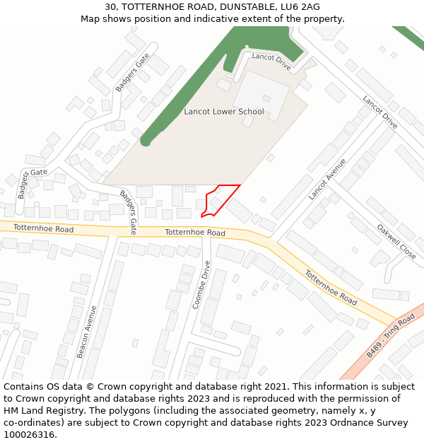 30, TOTTERNHOE ROAD, DUNSTABLE, LU6 2AG: Location map and indicative extent of plot