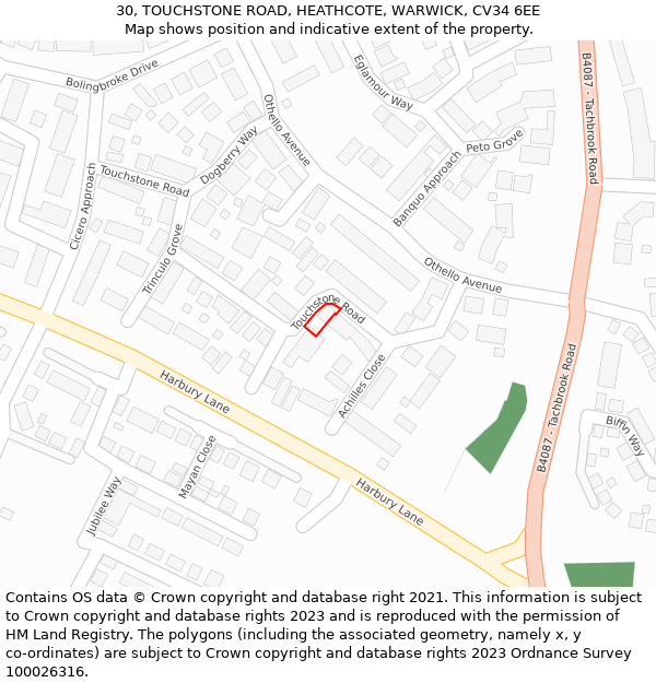 30, TOUCHSTONE ROAD, HEATHCOTE, WARWICK, CV34 6EE: Location map and indicative extent of plot