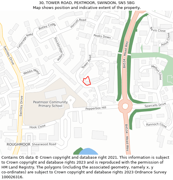 30, TOWER ROAD, PEATMOOR, SWINDON, SN5 5BG: Location map and indicative extent of plot