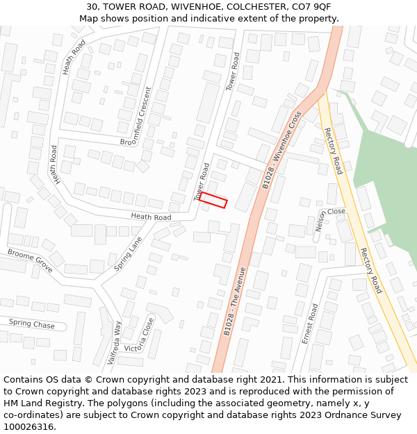 30, TOWER ROAD, WIVENHOE, COLCHESTER, CO7 9QF: Location map and indicative extent of plot