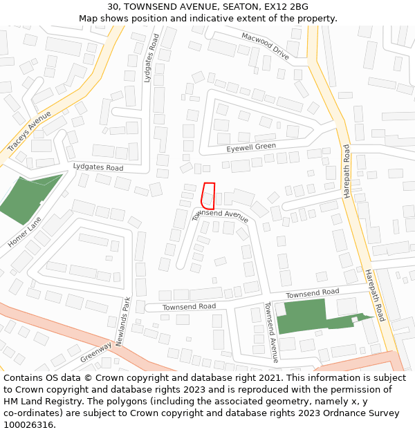 30, TOWNSEND AVENUE, SEATON, EX12 2BG: Location map and indicative extent of plot
