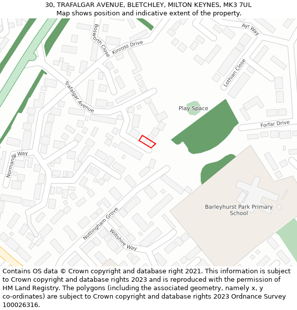 30, TRAFALGAR AVENUE, BLETCHLEY, MILTON KEYNES, MK3 7UL: Location map and indicative extent of plot