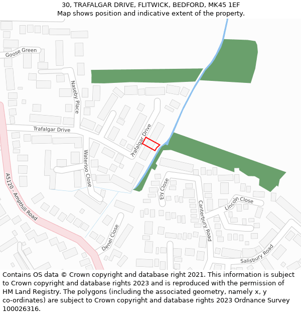 30, TRAFALGAR DRIVE, FLITWICK, BEDFORD, MK45 1EF: Location map and indicative extent of plot