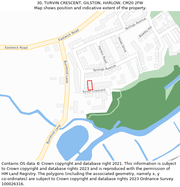 30, TURVIN CRESCENT, GILSTON, HARLOW, CM20 2FW: Location map and indicative extent of plot