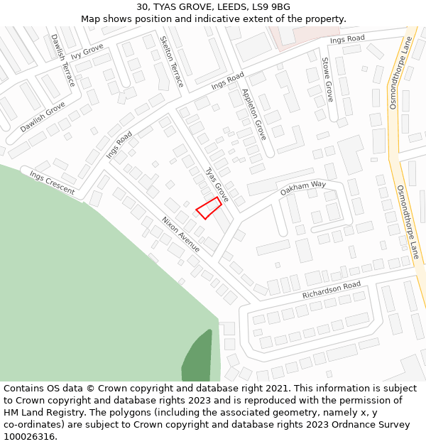 30, TYAS GROVE, LEEDS, LS9 9BG: Location map and indicative extent of plot