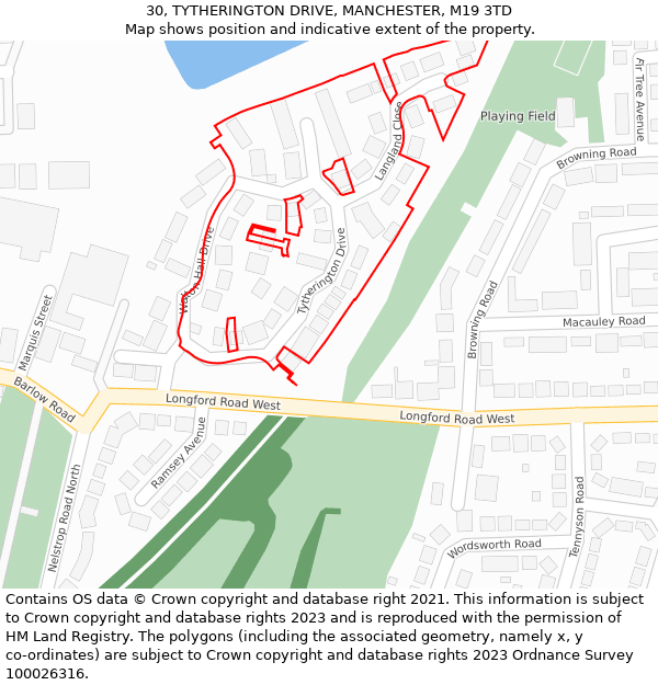 30, TYTHERINGTON DRIVE, MANCHESTER, M19 3TD: Location map and indicative extent of plot