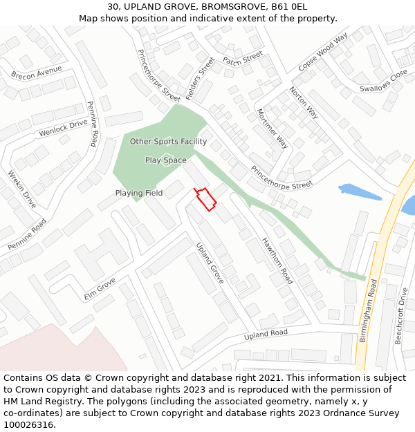 30, UPLAND GROVE, BROMSGROVE, B61 0EL: Location map and indicative extent of plot