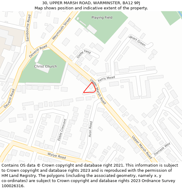 30, UPPER MARSH ROAD, WARMINSTER, BA12 9PJ: Location map and indicative extent of plot