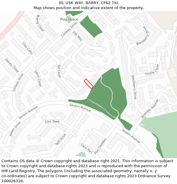 30, USK WAY, BARRY, CF62 7XL: Location map and indicative extent of plot