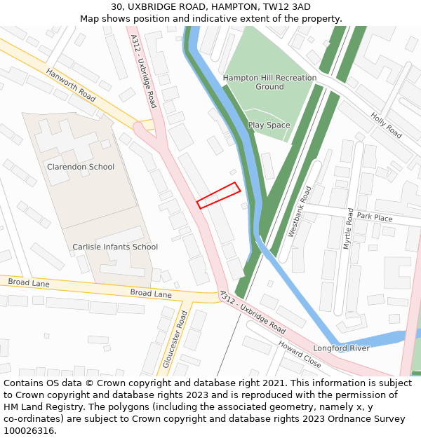 30, UXBRIDGE ROAD, HAMPTON, TW12 3AD: Location map and indicative extent of plot