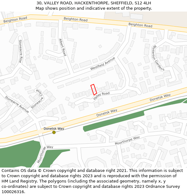 30, VALLEY ROAD, HACKENTHORPE, SHEFFIELD, S12 4LH: Location map and indicative extent of plot