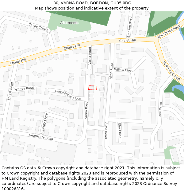 30, VARNA ROAD, BORDON, GU35 0DG: Location map and indicative extent of plot