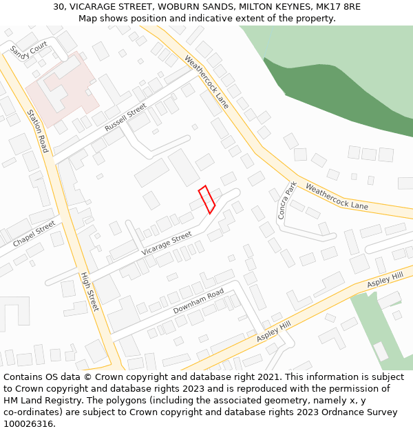 30, VICARAGE STREET, WOBURN SANDS, MILTON KEYNES, MK17 8RE: Location map and indicative extent of plot