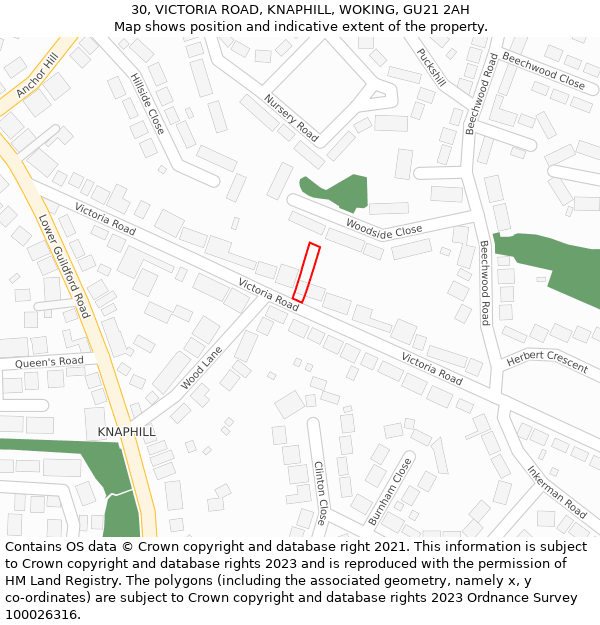 30, VICTORIA ROAD, KNAPHILL, WOKING, GU21 2AH: Location map and indicative extent of plot