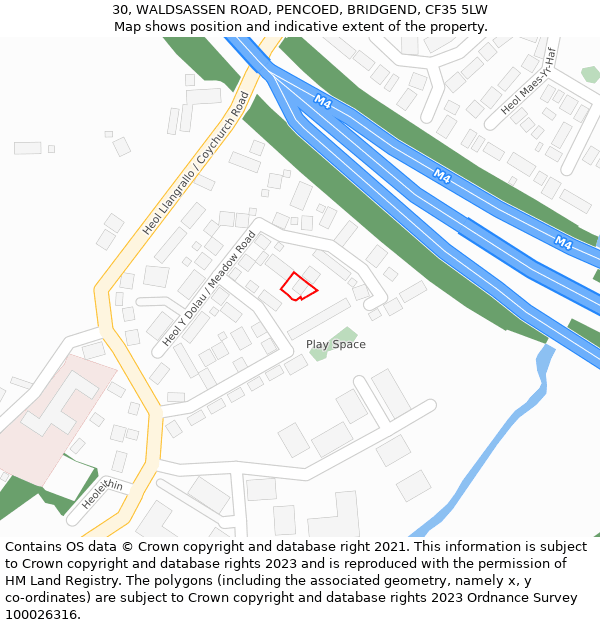 30, WALDSASSEN ROAD, PENCOED, BRIDGEND, CF35 5LW: Location map and indicative extent of plot