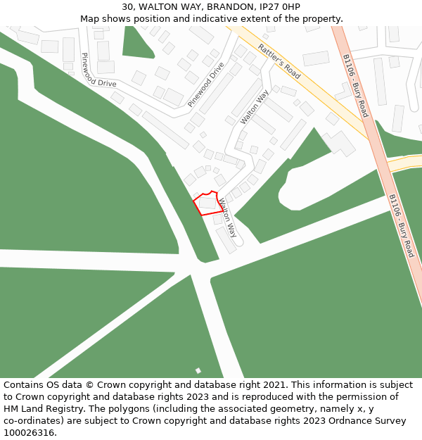 30, WALTON WAY, BRANDON, IP27 0HP: Location map and indicative extent of plot