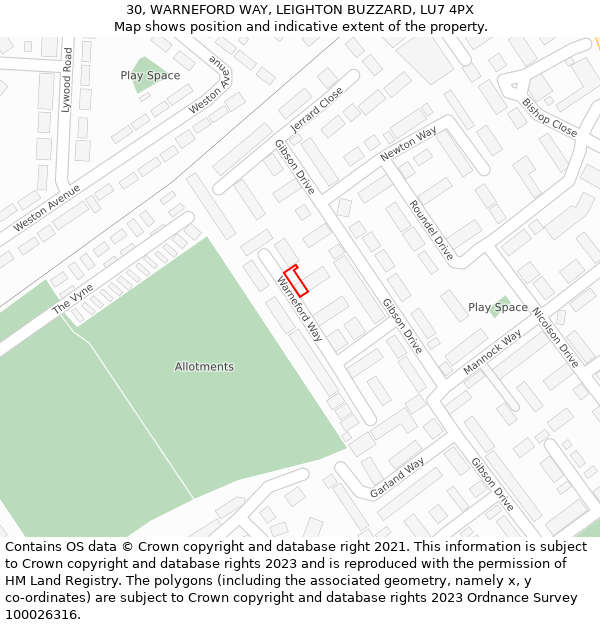 30, WARNEFORD WAY, LEIGHTON BUZZARD, LU7 4PX: Location map and indicative extent of plot