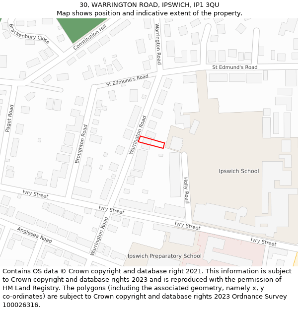 30, WARRINGTON ROAD, IPSWICH, IP1 3QU: Location map and indicative extent of plot