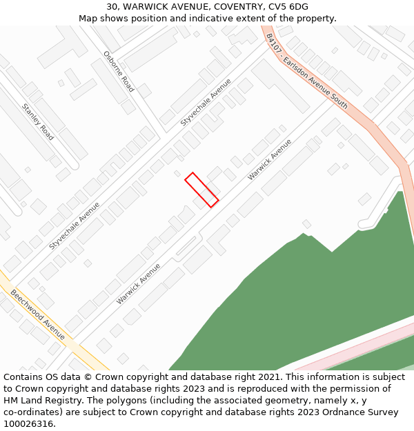 30, WARWICK AVENUE, COVENTRY, CV5 6DG: Location map and indicative extent of plot