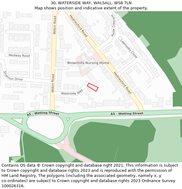 30, WATERSIDE WAY, WALSALL, WS8 7LN: Location map and indicative extent of plot