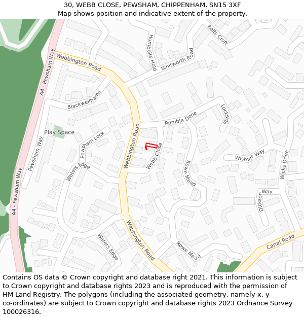 30, WEBB CLOSE, PEWSHAM, CHIPPENHAM, SN15 3XF: Location map and indicative extent of plot