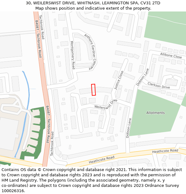 30, WEILERSWIST DRIVE, WHITNASH, LEAMINGTON SPA, CV31 2TD: Location map and indicative extent of plot