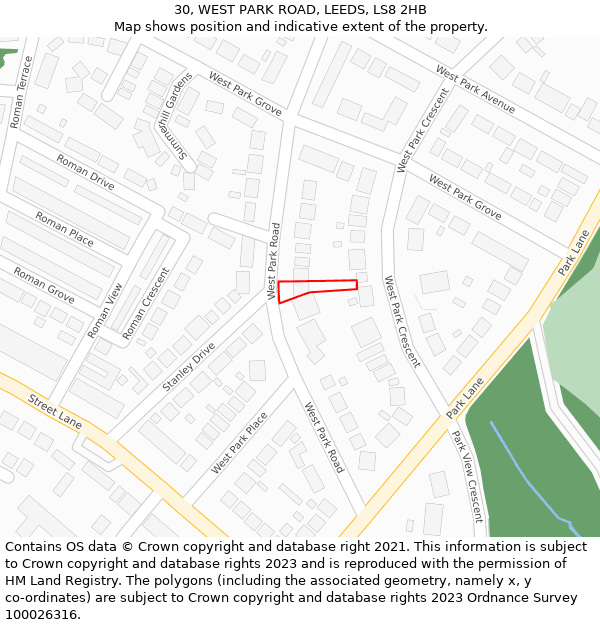 30, WEST PARK ROAD, LEEDS, LS8 2HB: Location map and indicative extent of plot