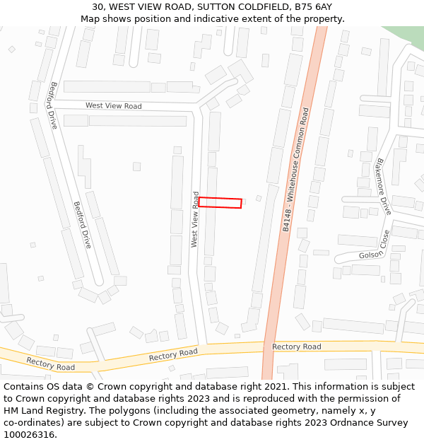 30, WEST VIEW ROAD, SUTTON COLDFIELD, B75 6AY: Location map and indicative extent of plot