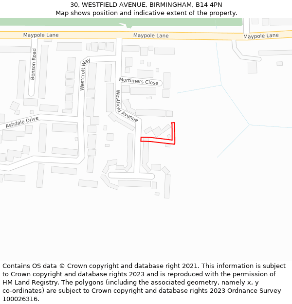 30, WESTFIELD AVENUE, BIRMINGHAM, B14 4PN: Location map and indicative extent of plot