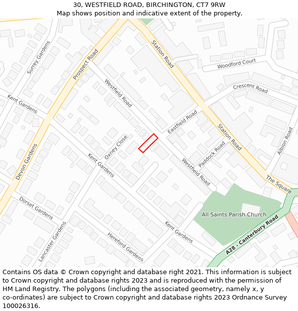 30, WESTFIELD ROAD, BIRCHINGTON, CT7 9RW: Location map and indicative extent of plot