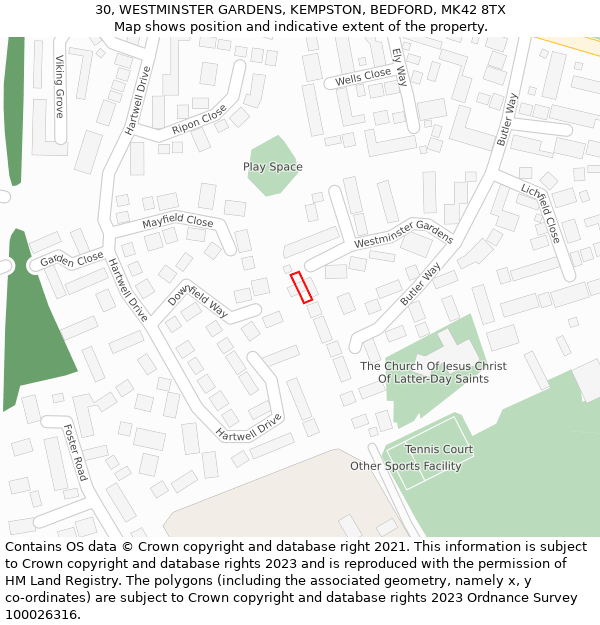 30, WESTMINSTER GARDENS, KEMPSTON, BEDFORD, MK42 8TX: Location map and indicative extent of plot
